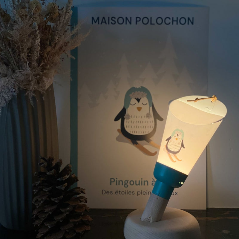 Coffret lampe Pingouin à ski - bleu et socle en bois de hêtre