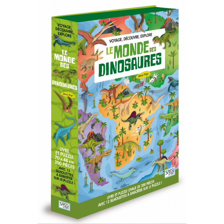Puzzle géant 200 pièces Le monde des dinosaures - Livre, puzzle et silhouettes à emboîter